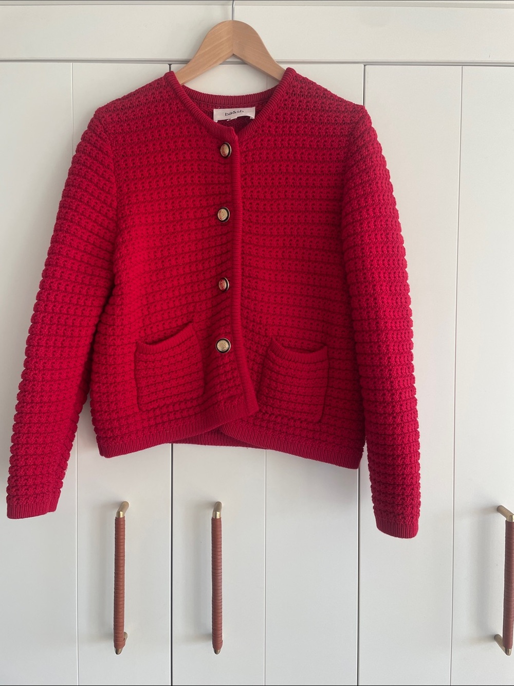 ba&sh Red Textured Knit Cardigan with Gold Buttons